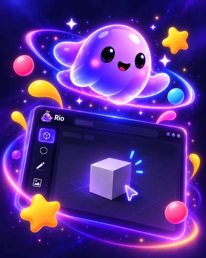 Rio, a playful purple AI visual tutor, floating above a creative 3D workspace